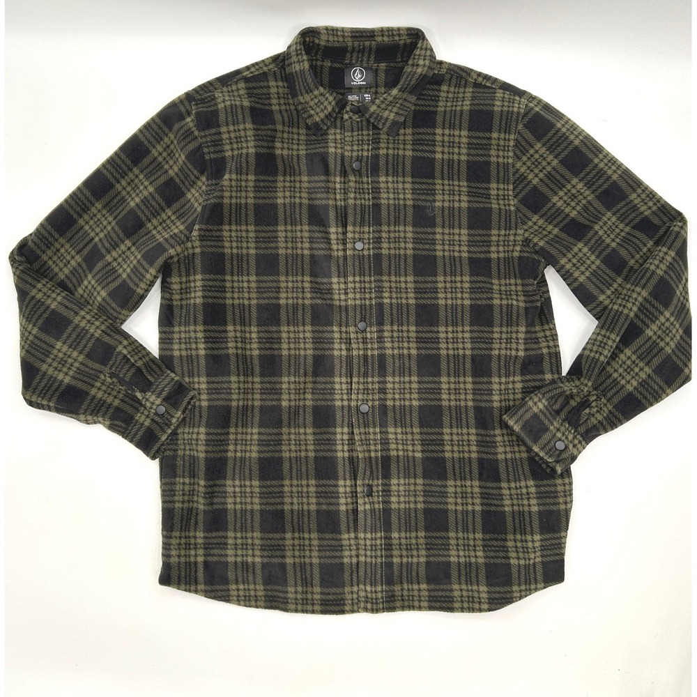 Volcom Mens XL Plaid Fleece Shirt Jacket Olive Green Black Snap Front A1602002 - Picture 2 of 10